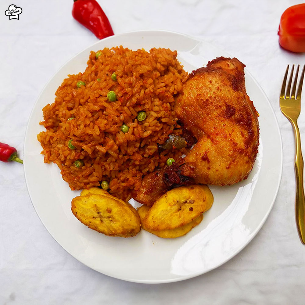 Jollof Rice Fried Plantain Fried Chicken Rice Nigerian Foods Ama Cuisine Meals Drinks
