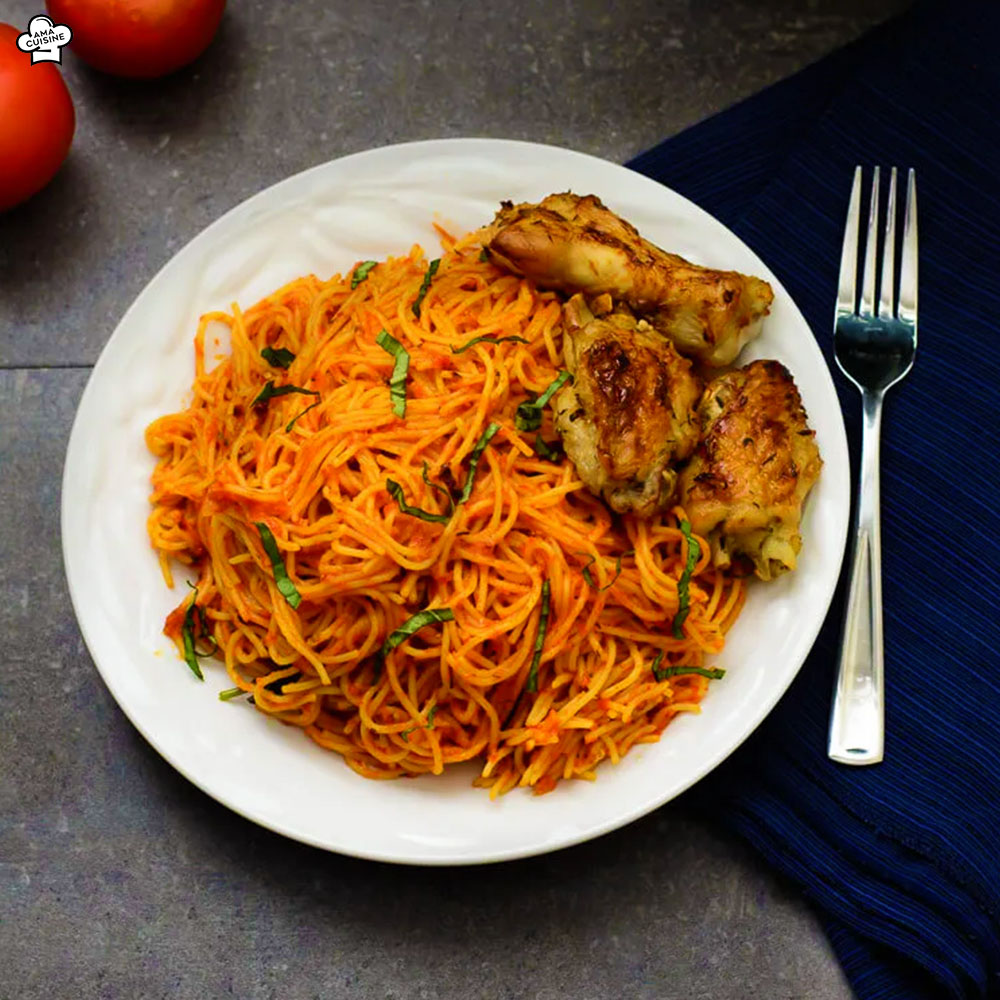 Jollof Spagetti with Fried Chicken Nigerian Foods Ama Cuisine Meals Drinks